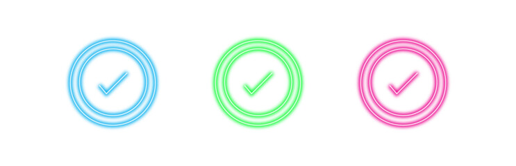 Set of three colorful neon checkmark icons with glowing outlines and a vibrant aura, isolated on a transparent background for versatile design applications and digital projects © MDARIFUL