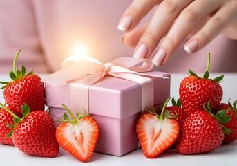 Luxurious Pink Gift Box Surrounded by Fresh Red Strawberries for Celebration