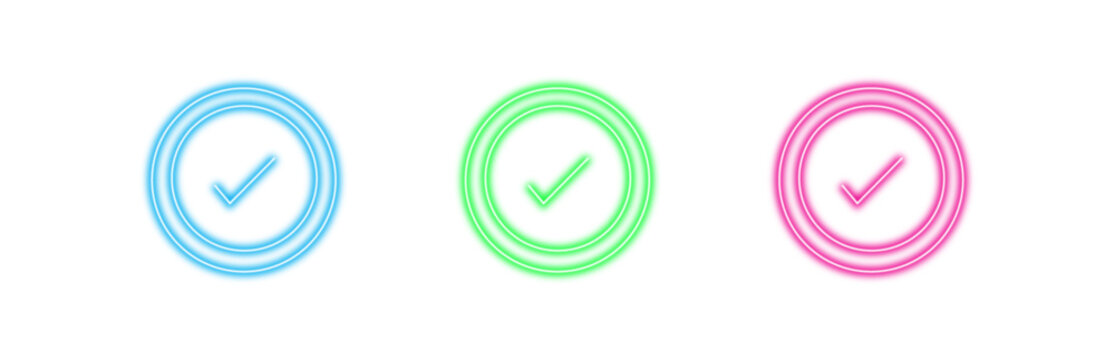 Set of three colorful neon checkmark icons with glowing outlines and a vibrant aura, isolated on a transparent background for versatile design applications and digital projects