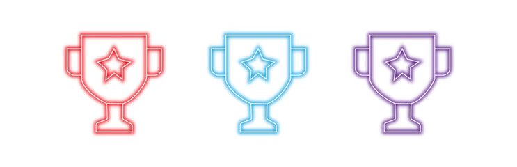 Multiple variants of colorful neon trophy icons set with star emblem, representing achievement, success, and victory concepts, glowing and isolated on transparent background.