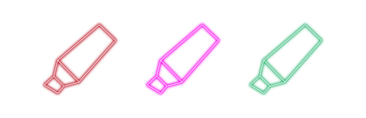 Multiple variants of colorful neon glowing highlighter vector icons, sleek and modern digital design elements for creative education and office supplies projects, isolated on transparent background.
