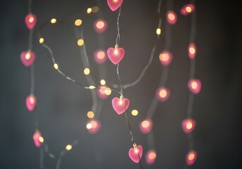 Romantic Pink Heart String Lights Glowing Against Dark Ambient Background Bokeh.