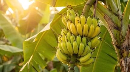 A vibrant close up shot showcases a bunch of unripe green and yellow bananas hanging from a banana plant bathed in warm sunlight