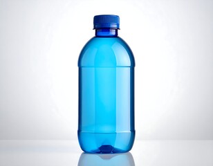 Naklejka premium A clear blue plastic bottle filled with liquid against a white backdrop