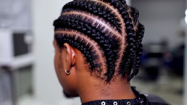 Close-up of intricate braids on a person's head