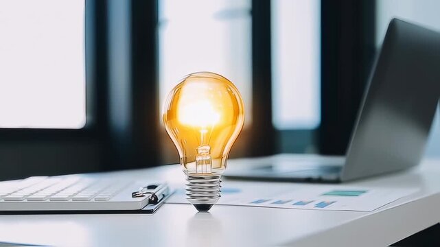 Illuminated lightbulb on a desk with a laptop and keyboard