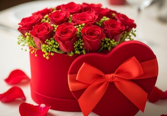Luxurious Red Roses Bouquet and Heart-Shaped Gift Box for Romantic Occasions