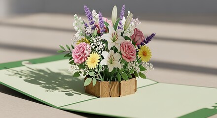 Beautiful Three Dimensional Paper Craft Floral Bouquet Pop Up Greeting Card.