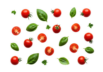 Vibrant red cherry tomatoes (whole & halved), fresh basil, parsley, and peppercorns, artfully arranged flat lay on a transparent background with copy space, concept of healthy gourmet food