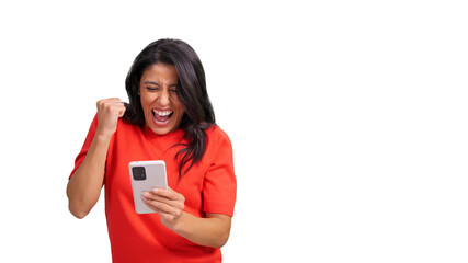 Woman winning and celebrating while checking smartphone