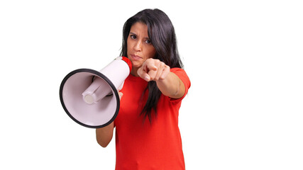 Woman holding megaphone pointing finger transparent background