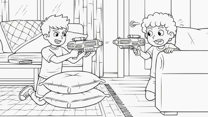 Children's coloring book - Two boys playing with toy guns while having a pillow fight indoors  