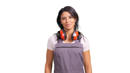 Female construction worker with ear muffs and apron