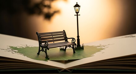 Magical Miniature Scene of a Park Bench and Lamp in an Open Book