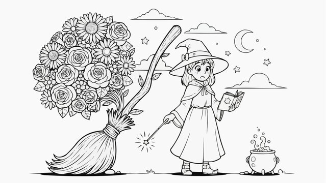 Children's coloring book - The little witch's spell went wrong, the broom turns into a bouquet of flowers
