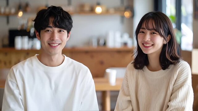 静かなカフェで若い日本人ペアが軽く笑顔を交わす信頼感ある表情