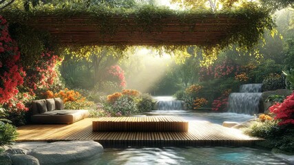 A serene oasis with a comfortable lounging area overlooking a tranquil waterfall garden