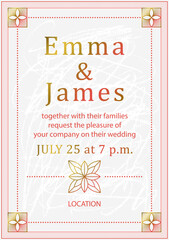 Elegant wedding invitation template with floral ornaments and modern typography. Design layout for wedding cards and save the date. Hand drawn vector illustration. Art deco aesthetic.