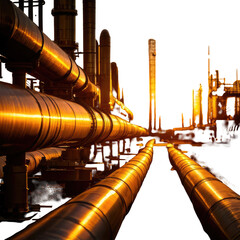 Metallic pipes in an industrial setting, illuminated