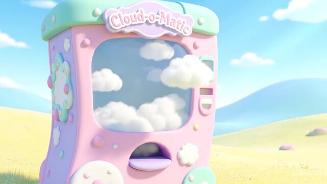 A whimsical vending machine dispenses surreal clouds absurdly, adding a touch of silliness to a fantasy landscape.