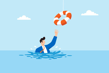 Flat illustration of businessman drowning in water reaching for lifebuoy symbolizing financial crisis emergency support risk management business rescue and survival strategy