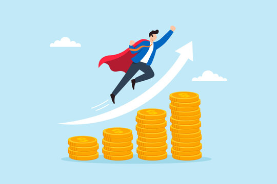 Flat illustration of businessman flying upward from rising coin stacks symbolizing financial growth success achievement and upward business momentum