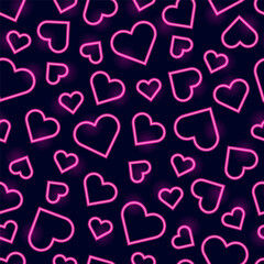 Seamless pattern of vibrant glowing pink neon hearts on dark background. Design for wallpapers, websites, textiles, wrapping paper, decorations for Valentine's Day. Hand drawn vector illustration.