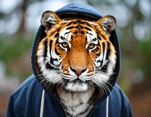 Fototapeta premium Close-up of a tiger wearing a blue hooded sweatshirt, focused on the feline's face, with a blurred natural background