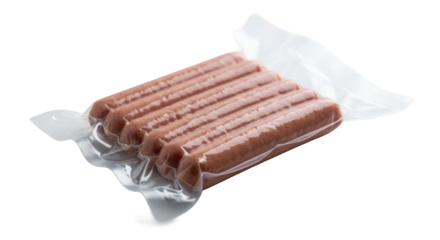 Transparent vacuum package of eight plump, fresh, raw hot dogs on a transparent surface with soft studio light, concept for food product quality and convenience