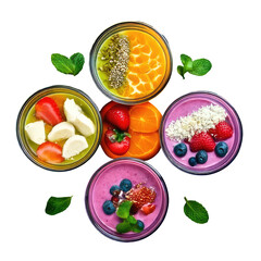 Five colorful smoothie bowls arranged with fresh fruit