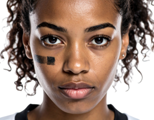 A focused, close-up portrait of a woman with dark skin and curly hair, staring intently. She has a black band under her eye