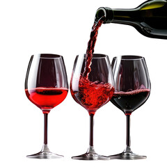 Wine poured into glasses, against a stark black background