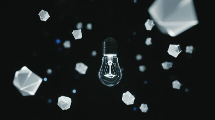 Lightbulb surrounded by floating geometric shapes, symbolizing innovation against dark backdrop.

