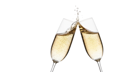 Two crystal champagne flutes filled with sparkling golden liquid, clinking with effervescence against a transparent studio background, symbolizing corporate success and achievement