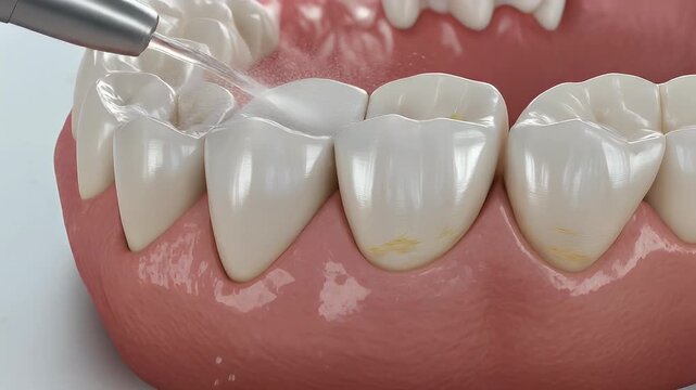 Close-up of dental cleaning procedure showing water spray on teeth.