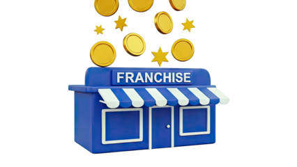Franchise storefront with falling coins and stars