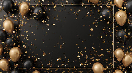 Black and gold balloons, confetti, and a golden rectangular frame create an elegant and festive atmosphere