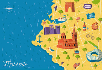 France Marseille sightseeing vector map illlsutration. Postcard, print, banner with city landmarks. Cool sketch and detailed city plan