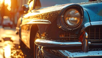 Close-up of a classic automobile's front end, wet with raindrops, reflecting golden sunlight. The focus is on the headlight and chrome details