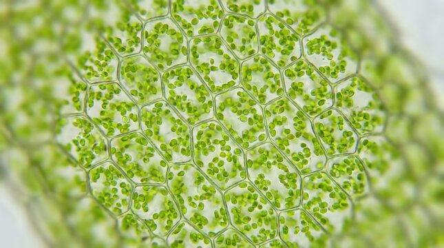 Microscopic view of plant cells showing chloroplasts, the green organelles responsible for photosynthesis.
