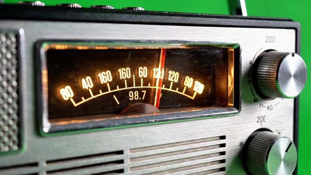 A close-up of a vintage radio with a green background. The radio has a silver metal body and a black top. The dial shows 98.7
