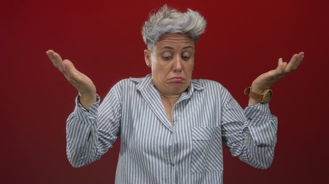 Woman in striped shirt shrugging her shoulders and raising palms in studio with red backdrop; uncertainty.