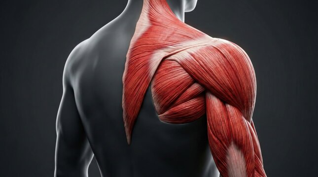 Anatomical illustration showcasing the intricate musculature of the human shoulder and upper arm.