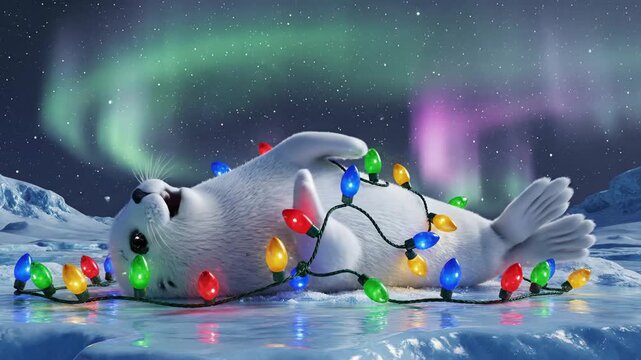 A baby seal lying on icy ground, tangled in Christmas lights, with the Aurora Borealis shining in the night sky