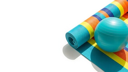 Yoga mat and exercise ball on a white background
