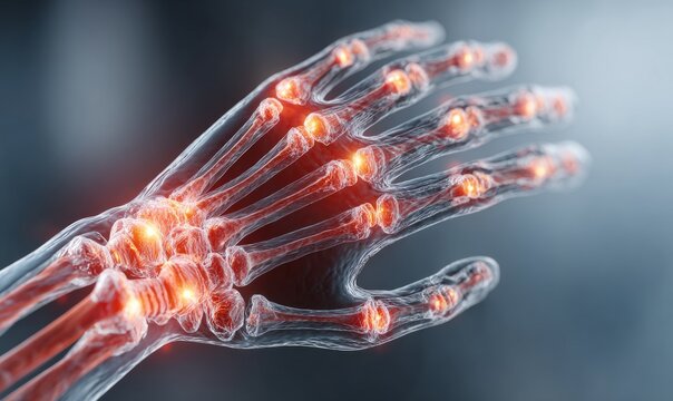 Detailed Anatomy of Human Hand Joint Showing Arthritis Indicators in Medical Illustration