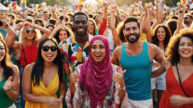 A vibrant crowd of people from diverse backgrounds gathered at an outdoor event on a sunny day