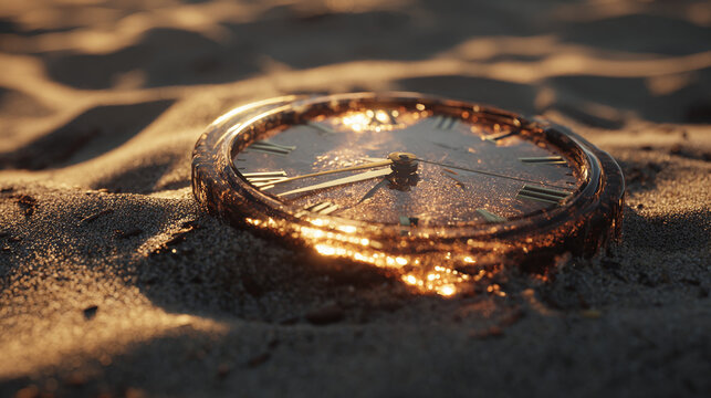 An old watch covered with melted gold lying on the sand. The image tells a story of time passing and the value of things.