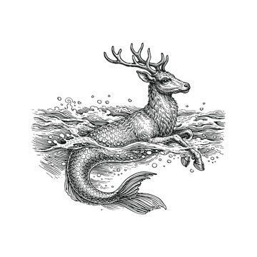 Mythical Deer Mermaid Swimming Engraving