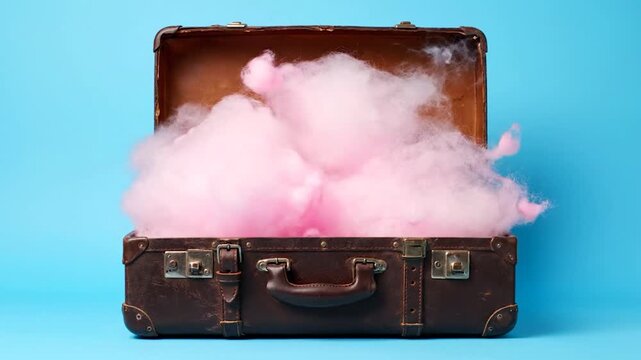 A surreal scene of absurdly oversized pink cotton candy overflowing from a vintage leather suitcase, showcasing silliness in a whimsical setting.